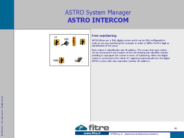ASTRO System Manager ASTRO INTERCOM Free numbering ASTRO/Intercom is fully digital system and it