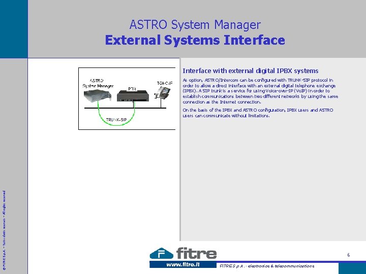 ASTRO System Manager External Systems Interface with external digital IPBX systems As option, ASTRO/Intercom