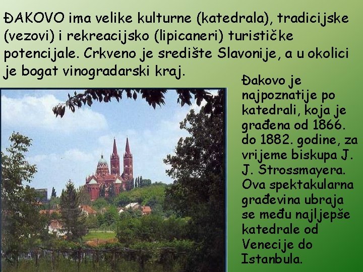 ĐAKOVO ima velike kulturne (katedrala), tradicijske (vezovi) i rekreacijsko (lipicaneri) turističke potencijale. Crkveno je