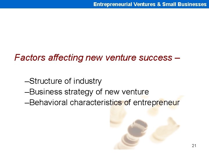 Entrepreneurial Ventures & Small Businesses Factors affecting new venture success – –Structure of industry
