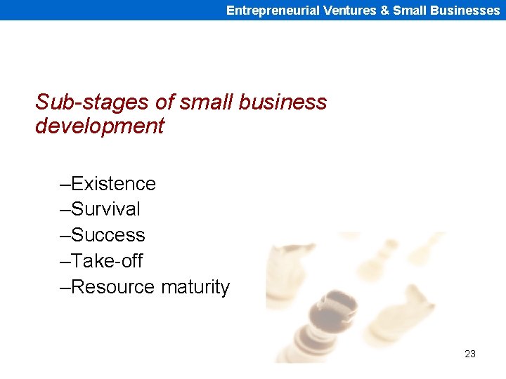 Entrepreneurial Ventures & Small Businesses Sub-stages of small business development –Existence –Survival –Success –Take-off
