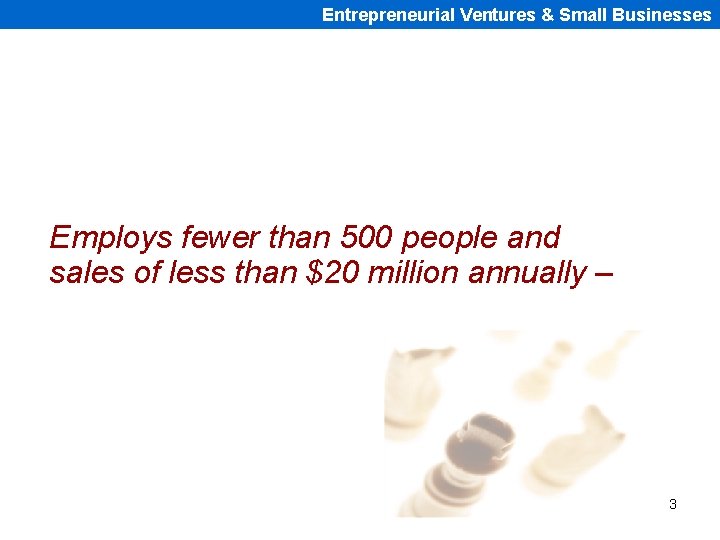 Entrepreneurial Ventures & Small Businesses Employs fewer than 500 people and sales of less