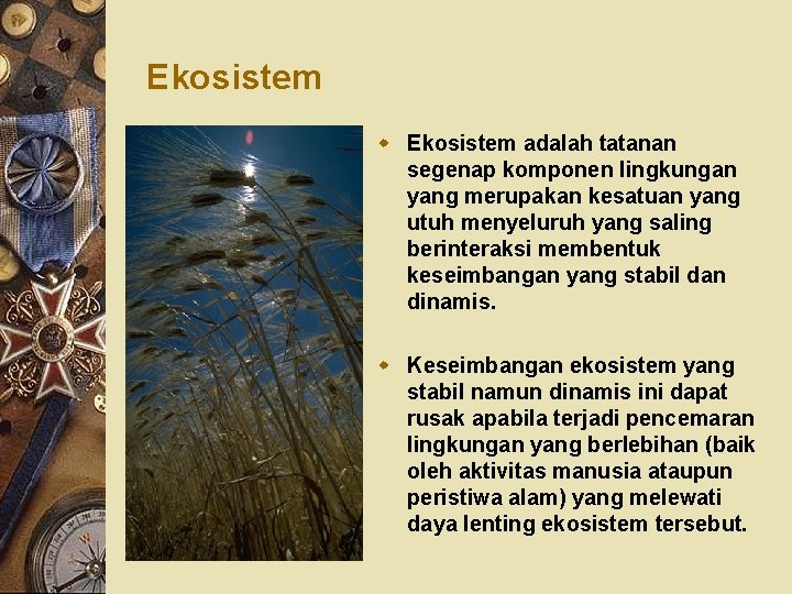 Ekosistem w Ekosistem adalah tatanan segenap komponen lingkungan yang merupakan kesatuan yang utuh menyeluruh