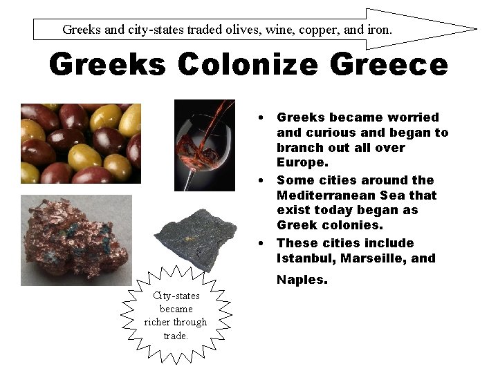Greeks and city-states traded olives, wine, copper, and iron. Greeks Colonize Greece • Greeks