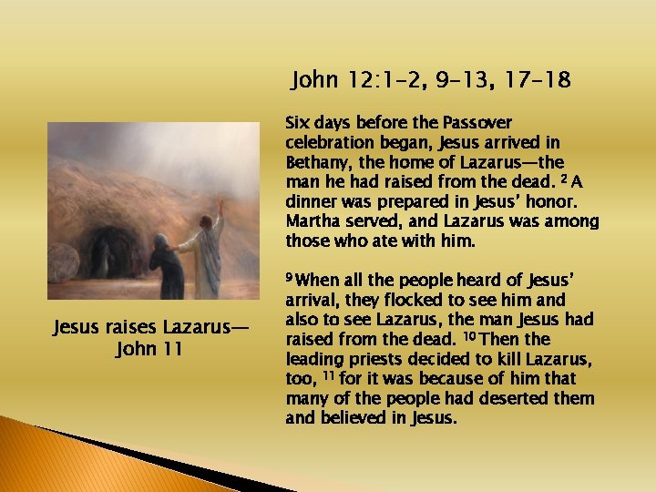 John 12: 1 -2, 9 -13, 17 -18 Six days before the Passover celebration