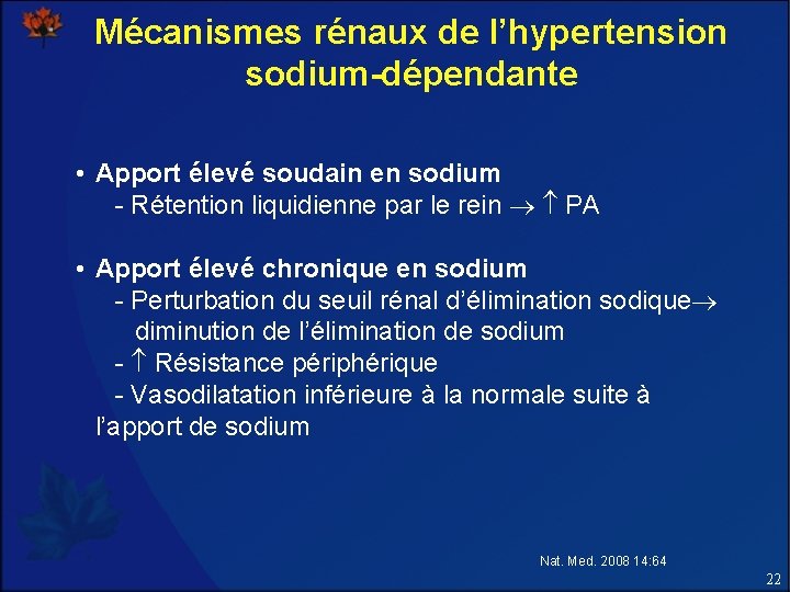 Mécanismes rénaux de l’hypertension sodium-dépendante • Apport élevé soudain en sodium - Rétention liquidienne