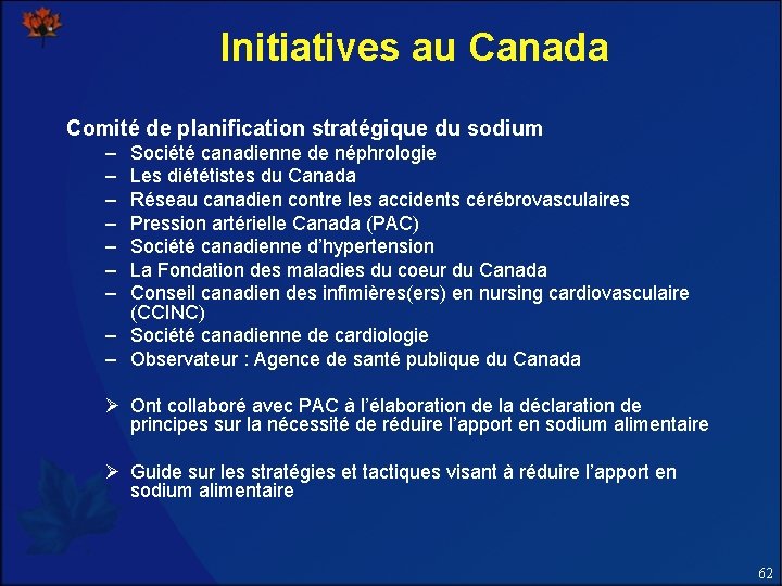 Initiatives au Canada Comité de planification stratégique du sodium – – – – Société