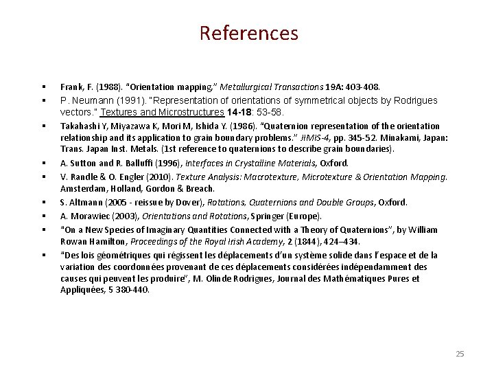 References § § § § § Frank, F. (1988). “Orientation mapping, ” Metallurgical Transactions