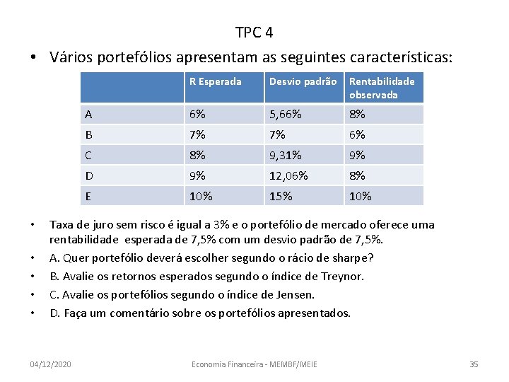 TPC 4 • Vários portefólios apresentam as seguintes características: • • • R Esperada