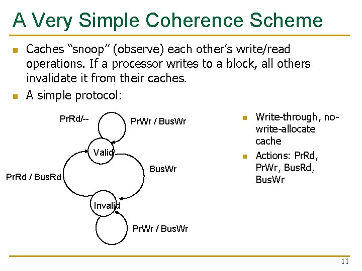 A Very Simple Coherence Scheme n n Caches “snoop” (observe) each other’s write/read operations. A Very Simple Coherence Scheme n n Caches “snoop” (observe) each other’s write/read operations.