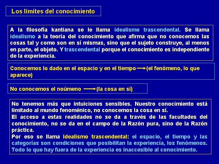 Los límites del conocimiento A la filosofía kantiana se le llama idealismo trascendental. Se