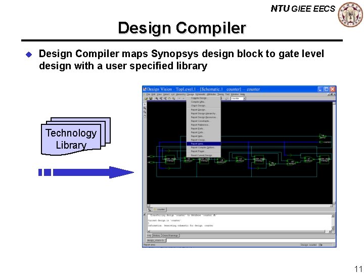 NTU GIEE EECS Design Compiler u Design Compiler maps Synopsys design block to gate