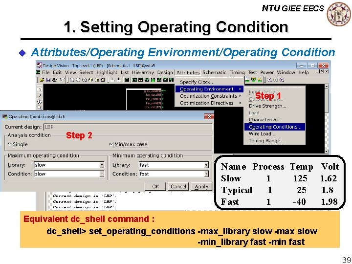 NTU GIEE EECS 1. Setting Operating Condition u Attributes/Operating Environment/Operating Condition Step 1 Step