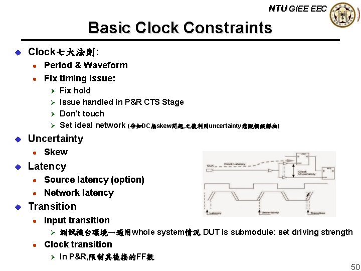 NTU GIEE EECS Basic Clock Constraints u Clock七大法則: l l Period & Waveform Fix