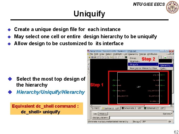 NTU GIEE EECS Uniquify u u u Create a unique design file for each