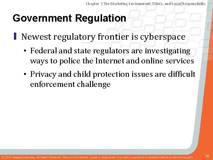 Chapter 3 The Marketing Environment, Ethics, and Social Responsibility Government Regulation ▮ Newest regulatory