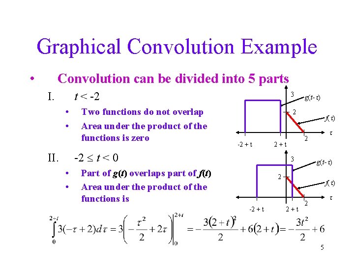 Graphical Convolution Example • Convolution can be divided into 5 parts I. t <