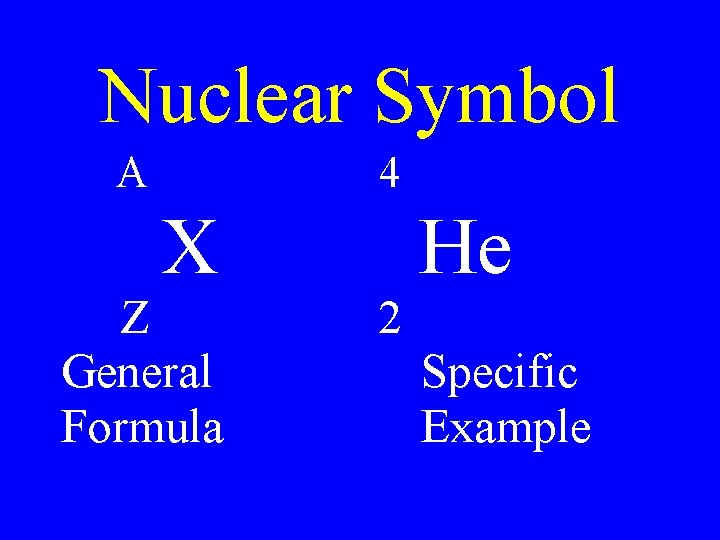 Nuclear Symbol A 4 X Z General Formula 2 He Specific Example 