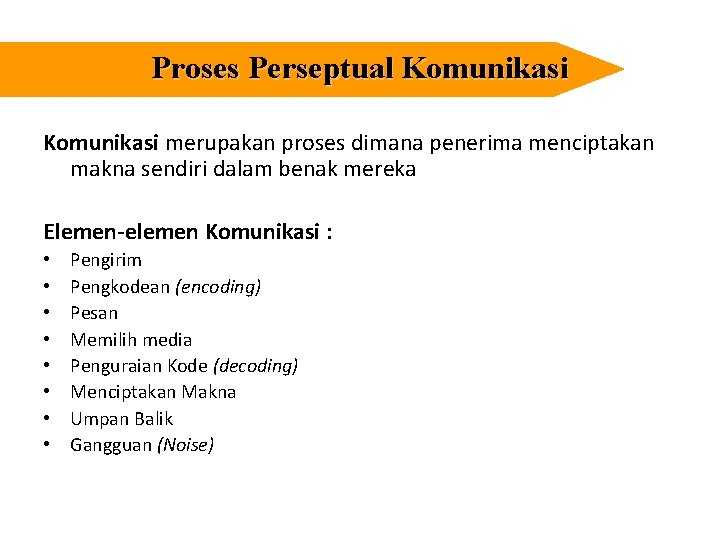 Proses Perseptual Komunikasi merupakan proses dimana penerima menciptakan makna sendiri dalam benak mereka Elemen-elemen