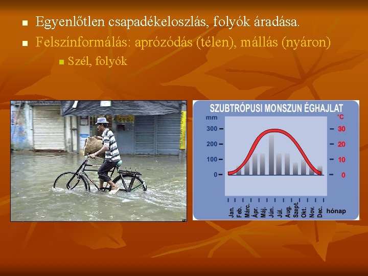 n n Egyenlőtlen csapadékeloszlás, folyók áradása. Felszínformálás: aprózódás (télen), mállás (nyáron) n Szél, folyók