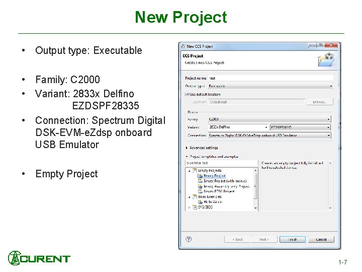 New Project • Output type: Executable • Family: C 2000 • Variant: 2833 x