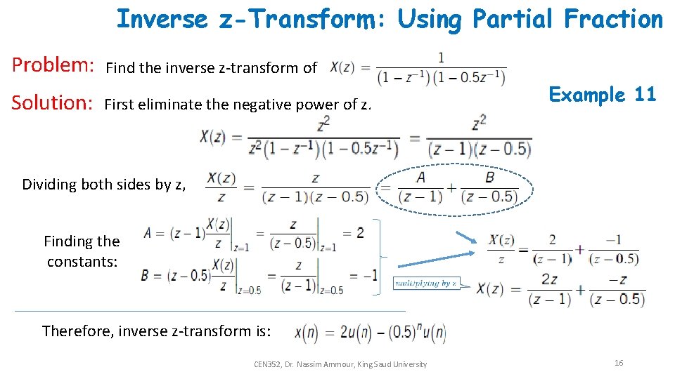 Inverse z-Transform: Using Partial Fraction Problem: Find the inverse z-transform of Example 11 Solution:
