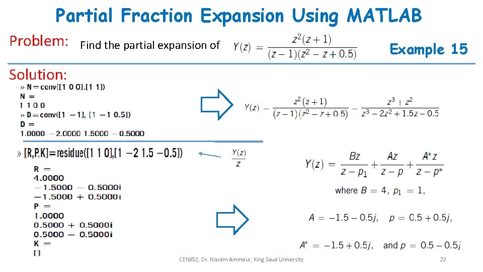 Partial Fraction Expansion Using MATLAB Problem: Find the partial expansion of Example 15 Solution: