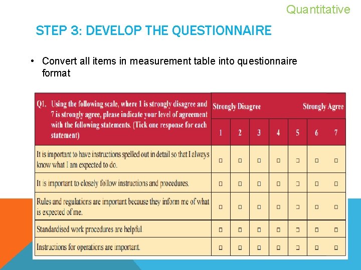 Quantitative STEP 3: DEVELOP THE QUESTIONNAIRE • Convert all items in measurement table into