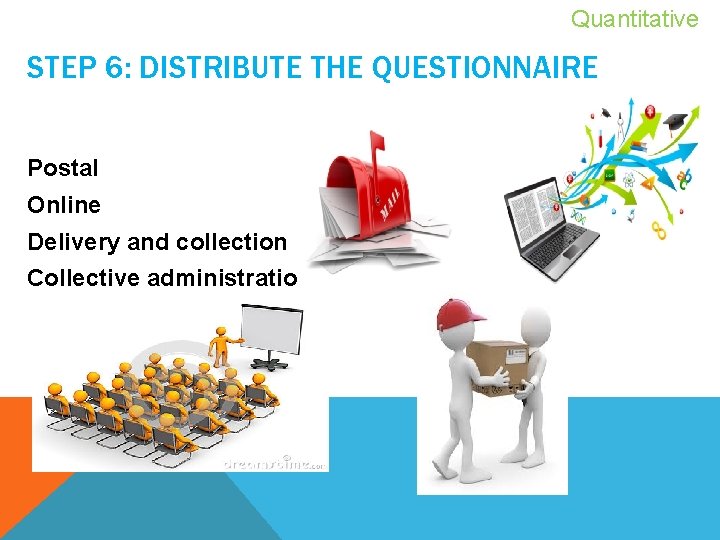 Quantitative STEP 6: DISTRIBUTE THE QUESTIONNAIRE Postal Online Delivery and collection Collective administration 