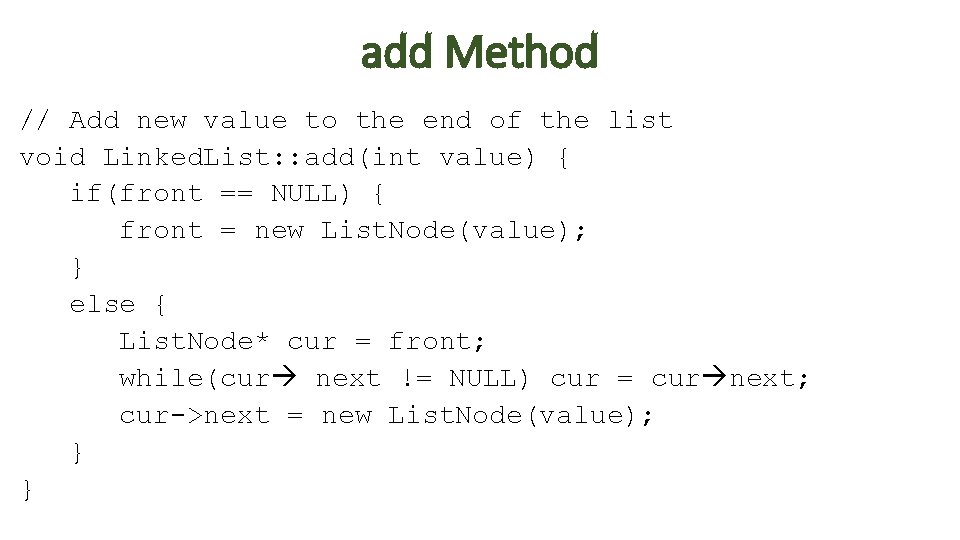 add Method // Add new value to the end of the list void Linked.