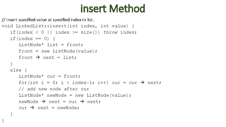 insert Method // Insert specified value at specified index in list. void Linked. List:
