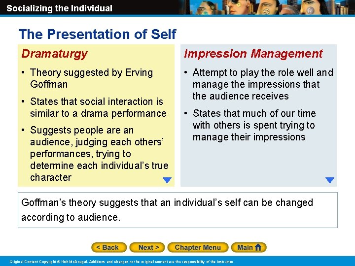 Socializing the Individual The Presentation of Self Dramaturgy Impression Management • Theory suggested by