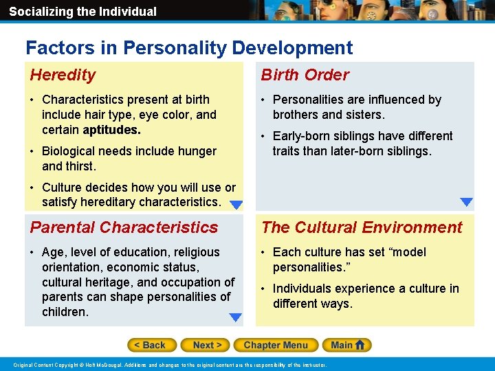Socializing the Individual Factors in Personality Development Heredity Birth Order • Characteristics present at
