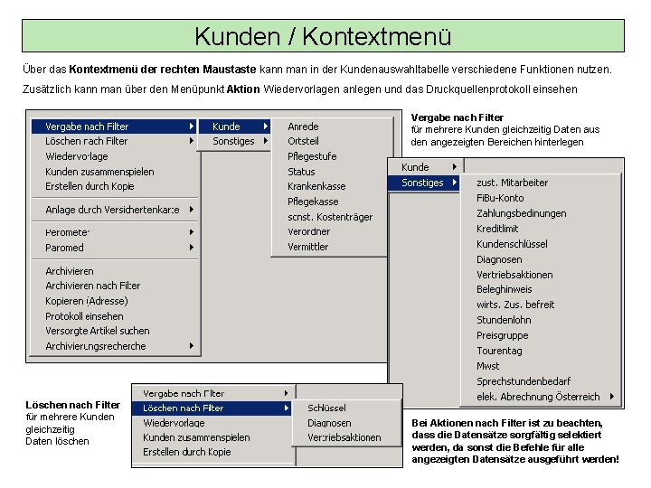 Kunden / Kontextmenü Über das Kontextmenü der rechten Maustaste kann man in der Kundenauswahltabelle