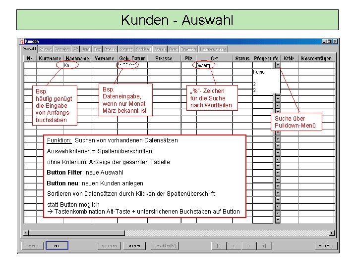 Kunden - Auswahl Bsp. häufig genügt die Eingabe von Anfangsbuchstaben Bsp. Dateneingabe, wenn nur