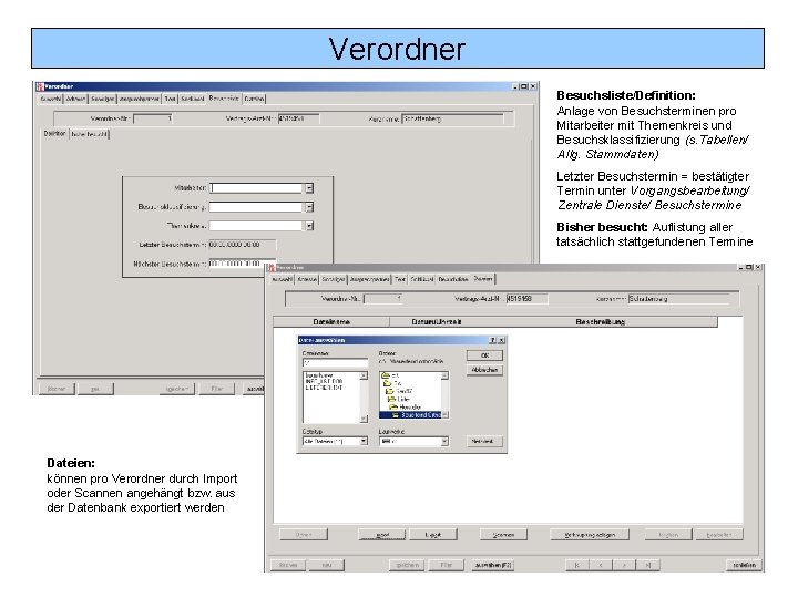 Verordner Besuchsliste/Definition: Anlage von Besuchsterminen pro Mitarbeiter mit Themenkreis und Besuchsklassifizierung (s. Tabellen/ Allg.