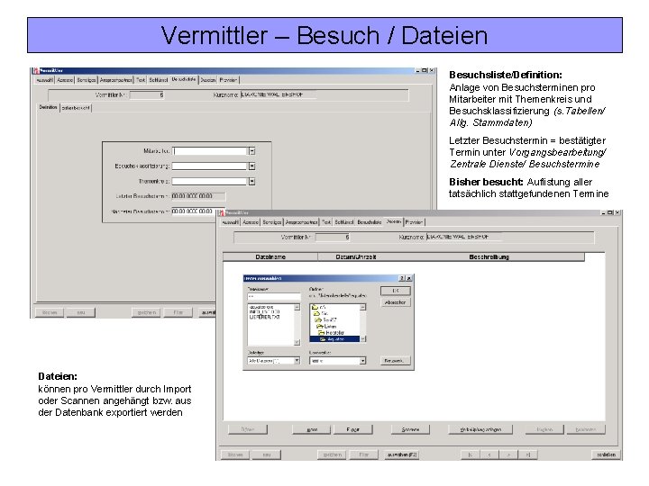 Vermittler – Besuch / Dateien Besuchsliste/Definition: Anlage von Besuchsterminen pro Mitarbeiter mit Themenkreis und