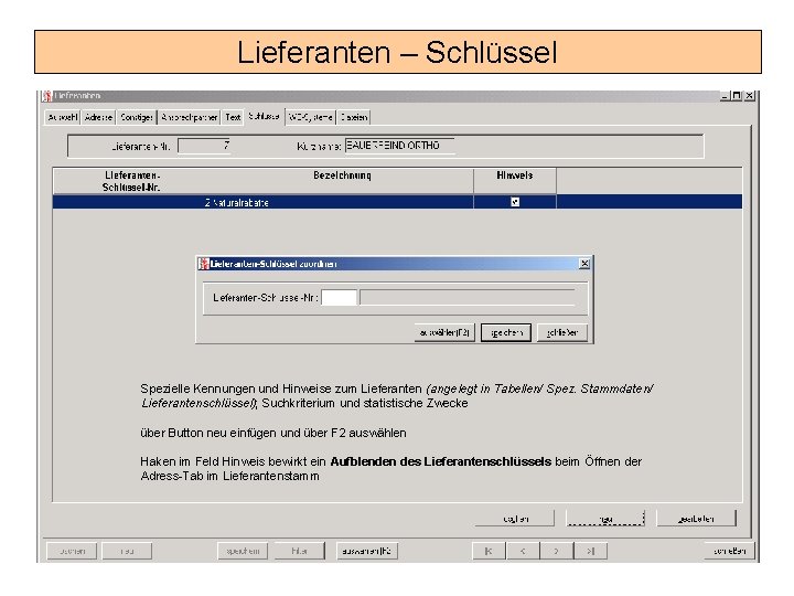 Lieferanten – Schlüssel Spezielle Kennungen und Hinweise zum Lieferanten (angelegt in Tabellen/ Spez. Stammdaten/