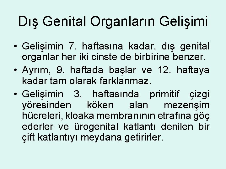 Dış Genital Organların Gelişimi • Gelişimin 7. haftasına kadar, dış genital organlar her iki