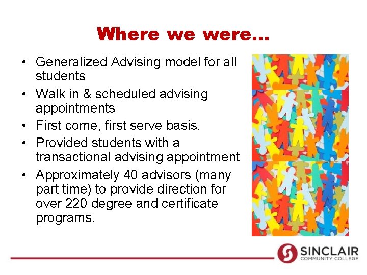 Where we were… • Generalized Advising model for all students • Walk in &