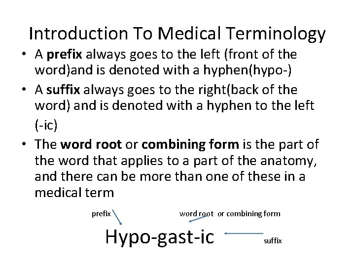 Introduction To Medical Terminology • A prefix always goes to the left (front of