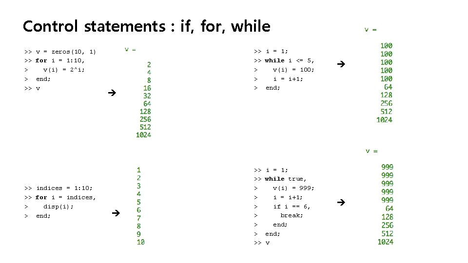 Control statements : if, for, while >> >> > > >> v = zeros(10,