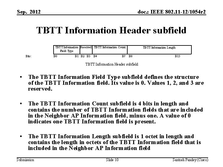 Sep. 2012 doc. : IEEE 802. 11 -12/1054 r 2 TBTT Information Header subfield