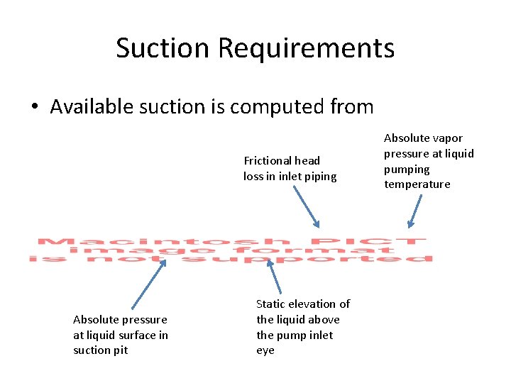 Suction Requirements • Available suction is computed from Frictional head loss in inlet piping