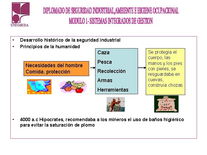 UNIOJEDA • • Desarrollo histórico de la seguridad industrial Principios de la humanidad Caza UNIOJEDA • • Desarrollo histórico de la seguridad industrial Principios de la humanidad Caza