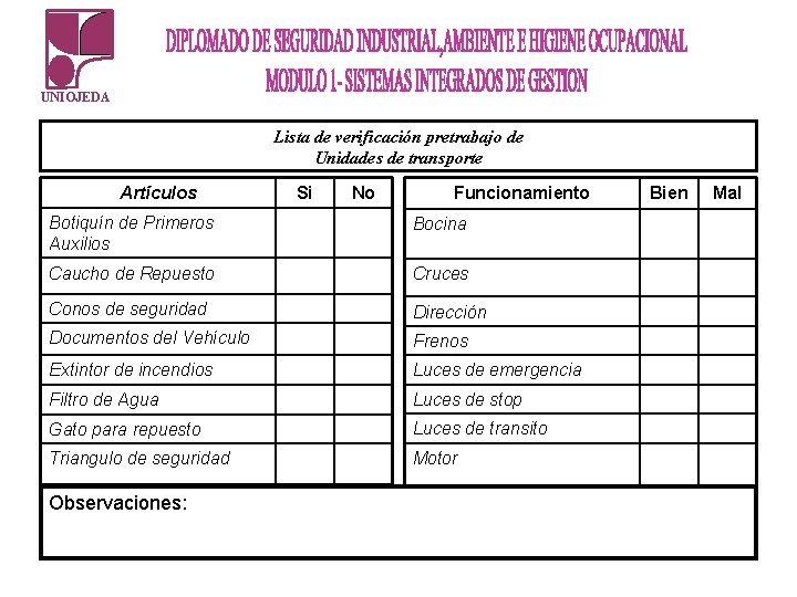 UNIOJEDA Lista de verificación pretrabajo de Unidades de transporte Artículos Si No Funcionamiento Botiquín UNIOJEDA Lista de verificación pretrabajo de Unidades de transporte Artículos Si No Funcionamiento Botiquín