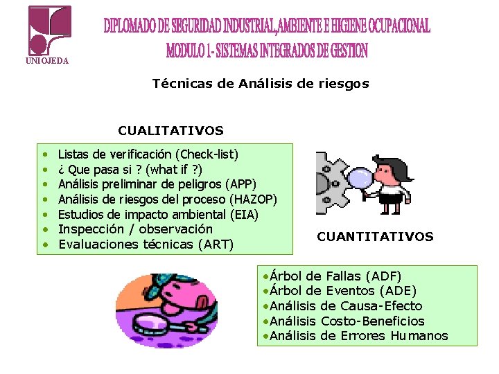 UNIOJEDA Técnicas de Análisis de riesgos CUALITATIVOS • • Listas de verificación (Check-list) ¿ UNIOJEDA Técnicas de Análisis de riesgos CUALITATIVOS • • Listas de verificación (Check-list) ¿