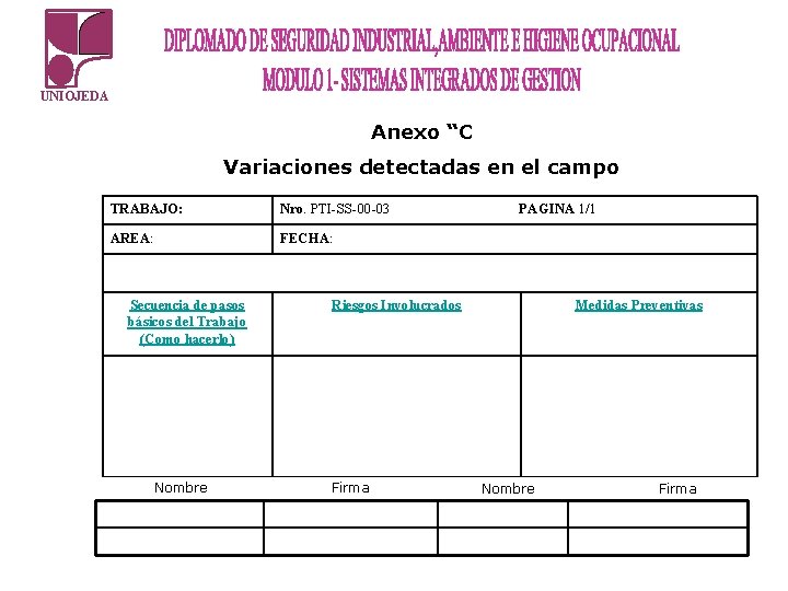 UNIOJEDA Anexo “C Variaciones detectadas en el campo TRABAJO: Nro. PTI-SS-00 -03 AREA: FECHA: UNIOJEDA Anexo “C Variaciones detectadas en el campo TRABAJO: Nro. PTI-SS-00 -03 AREA: FECHA: