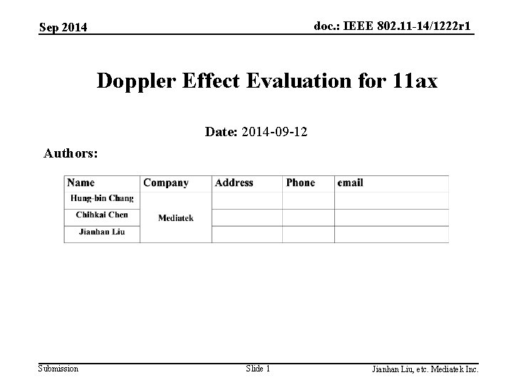 doc. : IEEE 802. 11 -14/1222 r 1 Sep 2014 Doppler Effect Evaluation for