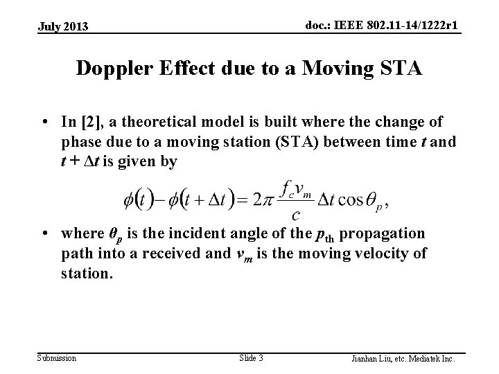 doc. : IEEE 802. 11 -14/1222 r 1 July 2013 Doppler Effect due to